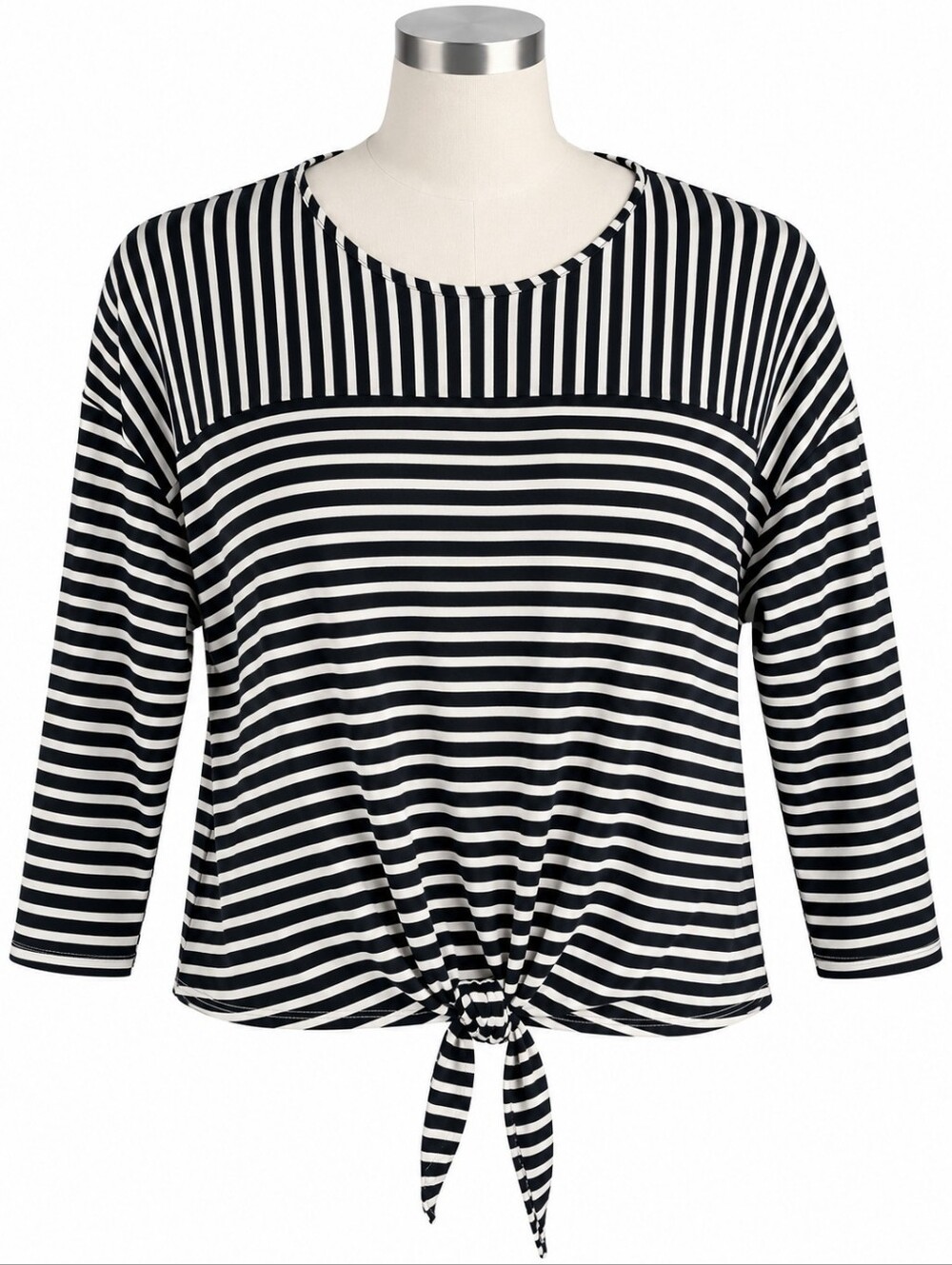 Chicos Travelers Black White Striped Tie Front Top Women's Sz 1 (M) 3/4 Sleeve